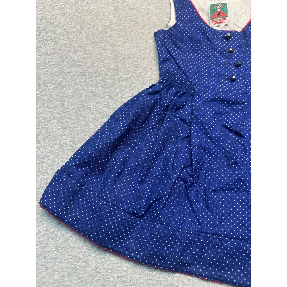 Vintage 1980s Zechner Dirndl Girls Dress Blue Polka Dot German Austrian 20